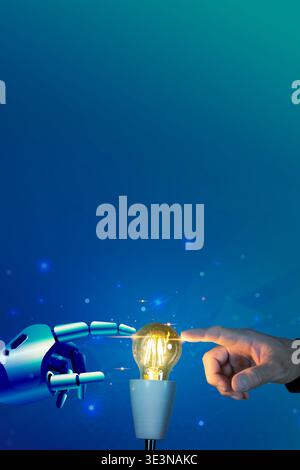 Human finger and robotic hand touching a glowing filament bulb on blue digital background, symbolizing AI collaboration, innovation, smart technology, Stock Photo