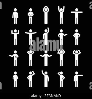 Set of 20 white stick figure icons on black background, each showing a unique human pose or gesture. Ideal for illustrating body language, communicati Stock Vector