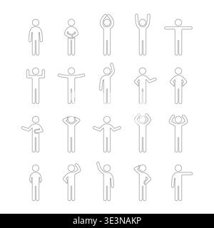 Set of 20 white stick figure icons black thin line art on white background, each showing a unique human pose or gesture. Ideal for illustrating body l Stock Vector