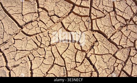Dry cracked earth creating a textured pattern across the barren landscape, representing concepts like drought, desertification, global warming, and en Stock Photo