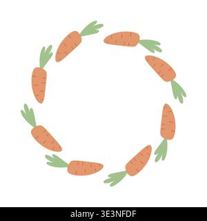 Carrot wreath in flat style forming a circular frame. Perfect for farm design, food branding, and seasonal decor. Simple modern vegetable illustration Stock Vector