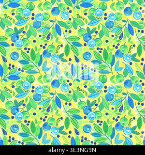 Hand drawn seamless Blueberry Pattern with Green Leaves, fresh berry botanical background in light watercolor style Stock Vector