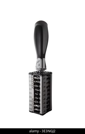 Universal screwdriver with a set of bits. Close-up. Isolated on white background. Stock Photo