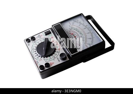 Analog pointer multimeter. Close-up. Isolated on white background. Stock Photo