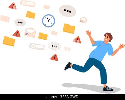 Young man runs away from flood information. Flow of emails and document folders. Escape from spam messages. Work deadlines. Digital hygiene and stress Stock Vector