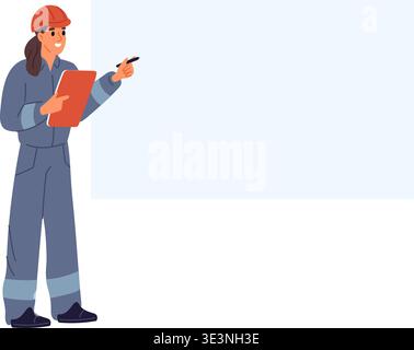 Young female engineer in protective clothing stands in front of clean poster. Announcement placard. Woman in uniform. Builder showing at whiteboard Stock Vector