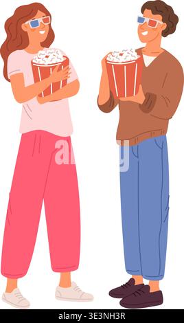 Young man and woman wearing 3D glasses and holding bags of popcorn. People getting ready to watch movie. Film leisure. Happy friends visit cinema Stock Vector