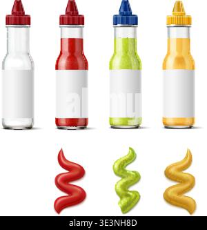 Realistic sauce glass bottles. Full and empty clean 3D containers. Ketchup jar with blank white label. Hot chili or mustard. Squeezed salsa isolated Stock Vector
