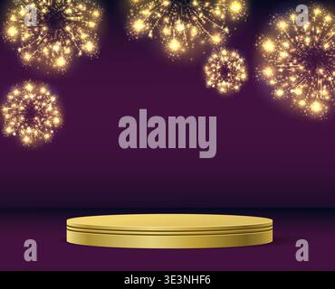 Realistic golden podium and bright fireworks in background. Luxury cylinder pedestal. Empty platform for presentation. Holiday light burst. Exhibition Stock Vector