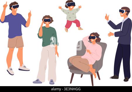 Men, women, and children wearing virtual reality glasses. Digital eyeglasses. Cyberspace goggles. VR and AR simulation. Innovation technology. People Stock Vector
