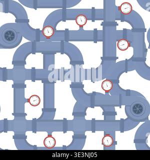 Intertwining water pipes with pumps and pressure gauges seamless pattern. Curved tube constructions. Sewer faucets. Repeated print. Pipeline drainage Stock Vector