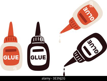Image tube of glue. Falling drip from bottle dropper. Stationery adhesive drops. Handmade craft or repair tools. Fixing gel phial. Vector set of icons Stock Vector