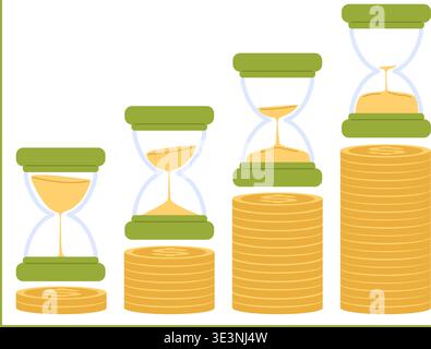 Hourglass stands on stacks of gold coins. Money income. Revenue increase of financial banking deposit. Successful investing. Vector concept of growth Stock Vector
