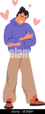 Happy young man hugging himself. Psychological mind health. Inner peace care embrace. Mindfulness and self-esteem. Support cuddle. Vector concept of Stock Vector