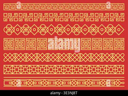 Chinese borders. Gold decorative elements in oriental style. Traditional Asian design. Abstract line ornaments. Decorative frame. Japanese geometric Stock Vector