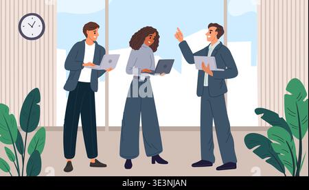 Businesspeople with laptops work and communicate in office. Business communication within team. Businessmen debate. Efficient teamwork. Colleagues Stock Vector