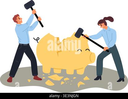 Businessmen break open piggy bank with hammer. Finance needy. Business people smashing moneybox with sledgehammer. Cash savings. Vector concept of Stock Vector