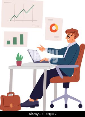 Businessman works on his laptop analyzing financial charts and graphs. Successful man reviews business data. Employee at workplace. Economy Stock Vector