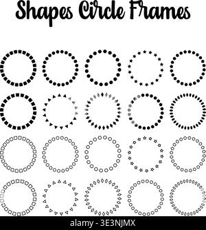 Solid Geometric Shape Circle Frame Set, Bold Filled Dot Square Star Triangle Diamond Round Border Ring Clipart, Monogram Badge Seal Circle Frame, Vect Stock Vector
