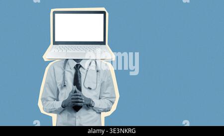 Doctor with a laptop head represents AI in healthcare at a modern clinic in 2023 Stock Photo