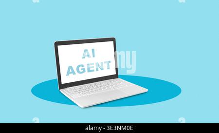 Laptop displaying text about AI agent on a simple blue background with no other elements visible Stock Photo