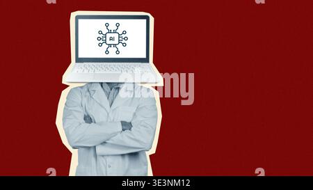 Computer with AI symbol replaces head of person in lab coat standing against red background Stock Photo
