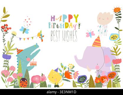 Cute Funny Animals celebrating Birthday Stock Vector