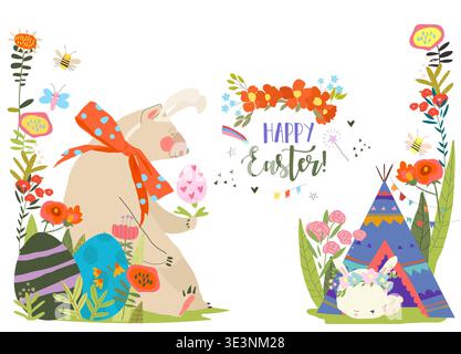 Easter Card with Flowers, Bear and Easter Eggs Stock Vector