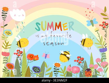 Cute Cartoon Frame with Summer Flowers, Plants and Bees Stock Vector