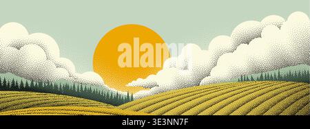 Fields Rolling Hills Farm Landscape Background Stock Vector