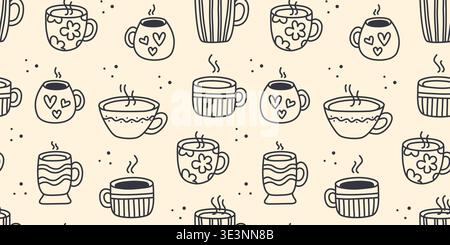 Seamless pattern with various hand drawn coffee cups. Beige background with silhouettes of mugs with a hot drink in doodle sketch style. Coffee shop Stock Vector