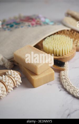 Natural soap and brushes on a white surface Stock Photo