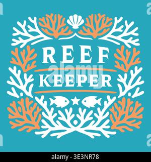 Decorative title card featuring reef keeper text framed by an ornate wreath of branching coral shapes shells fish and marine motifs on a blue backgrou Stock Vector