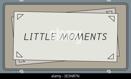 Minimal note card illustration featuring little moments text on layered paper cards placed inside a shallow rectangular tray. Stock Vector