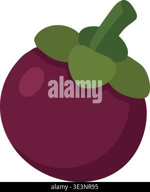Flat illustration of a whole mangosteen fruit with a deep purple rind and thick green leaves clustered at the stem. Stock Vector