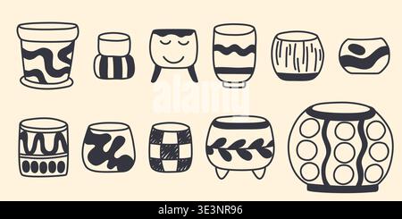Hand drawn set of different pots for growing indoor flowers and plants. Decorated containers for gardening. Home decor items for creating a cozy Stock Vector