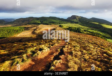 Aerial view of beautiful lagoon in the Azores islands. Drone landscape view with lines and textures in the background. Top view of volcanic crater, to Stock Photo