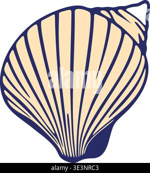 Decorative illustration of a clam shell with radiating rib lines and a fan shaped outline in dark blue. Stock Vector