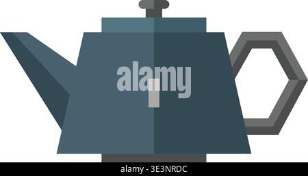 Flat illustration of a blue stovetop kettle with a long spout angular body lid and geometric handle. Stock Vector
