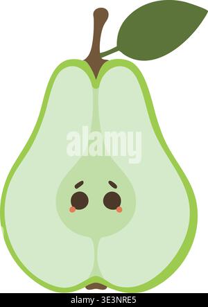 Playful illustration of a green pear character with a small shy face a stem and a single leaf at the top. Stock Vector