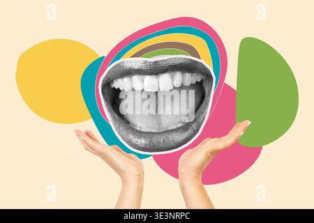 Collage of a woman open mouth and two hands in holding gesture on a multicolored background Stock Photo