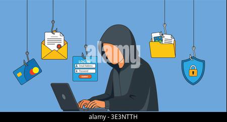 Hacker At Laptop Conducting Phishing Attack And Data Breach Illustration For Cyber security Stock Vector