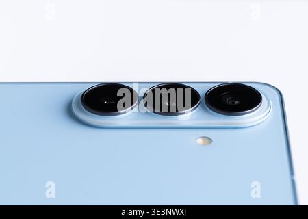 Lviv, Ukraine - March 24, 2026:Samsung Galaxy S26 triple camera module macro Stock Photo
