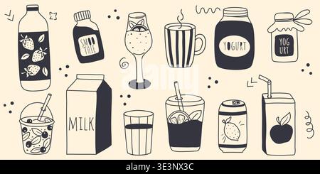 Drinks set including juice, milk, smoothies, cocktails, drinking yogurt and tea in doodle style. Hand drawn jars, bottles, cups and glasses. Vector Stock Vector