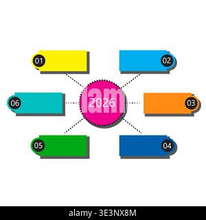 Yearly infographic set. Six steps Vector. Plan two zero two six. Colorful process chart. Manual vector only. No autotrace used. EPS 10. Stock Vector