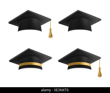 Realistic Black graduate caps set. 3D Graduation Doctoral hat. Stock Vector