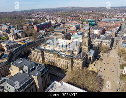 BOLTON, GREATER MANCHESTER, ENGLAND - MARCH 18, 2026: Drone view over Bolton's Grade II listed town hall and the sweeping neoclassical curve of Le Man Stock Photo