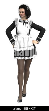 3D rendered woman poses confidently in a detailed black and white maid outfit with lace trim, apron, and heeled shoes. Ideal for cosplay, character de Stock Photo