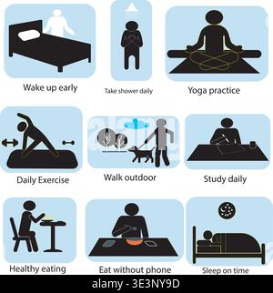 Daily routine concept icons illustrating morning start fitness learning outdoor walk mindful eating and sleep Stock Vector