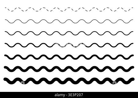 Wavy line set. Curve stroke Vector. Different thickness pattern. Black graphic element. Manual vector only. No autotrace used. Stock Vector